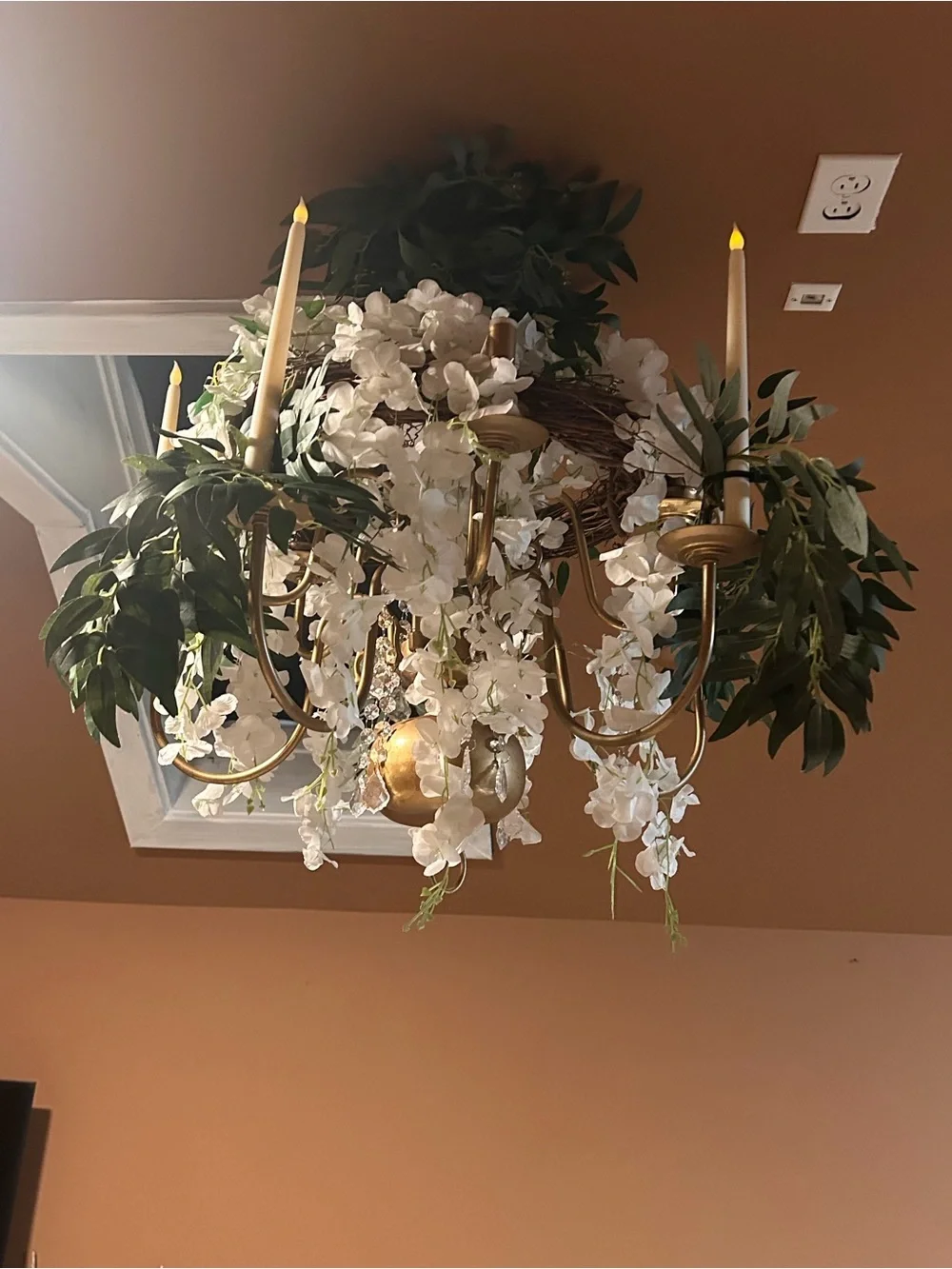 Gold Floral Chandelier with White Wisteria
